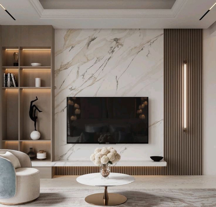 Minimalist Living Room with Marble TV Wall